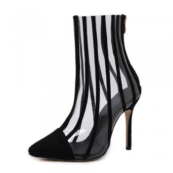 Fashion PVC Transparent Boots Sandals Pointed Toe Thin High Heels Shoes Clear Mujer Women Boots Black Striped Boots Party Shoes